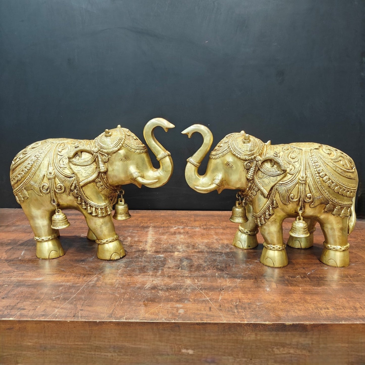 Brass Large Engraved Elephant Pair Statue With Bells Figurine Golden Finish 22 Inch