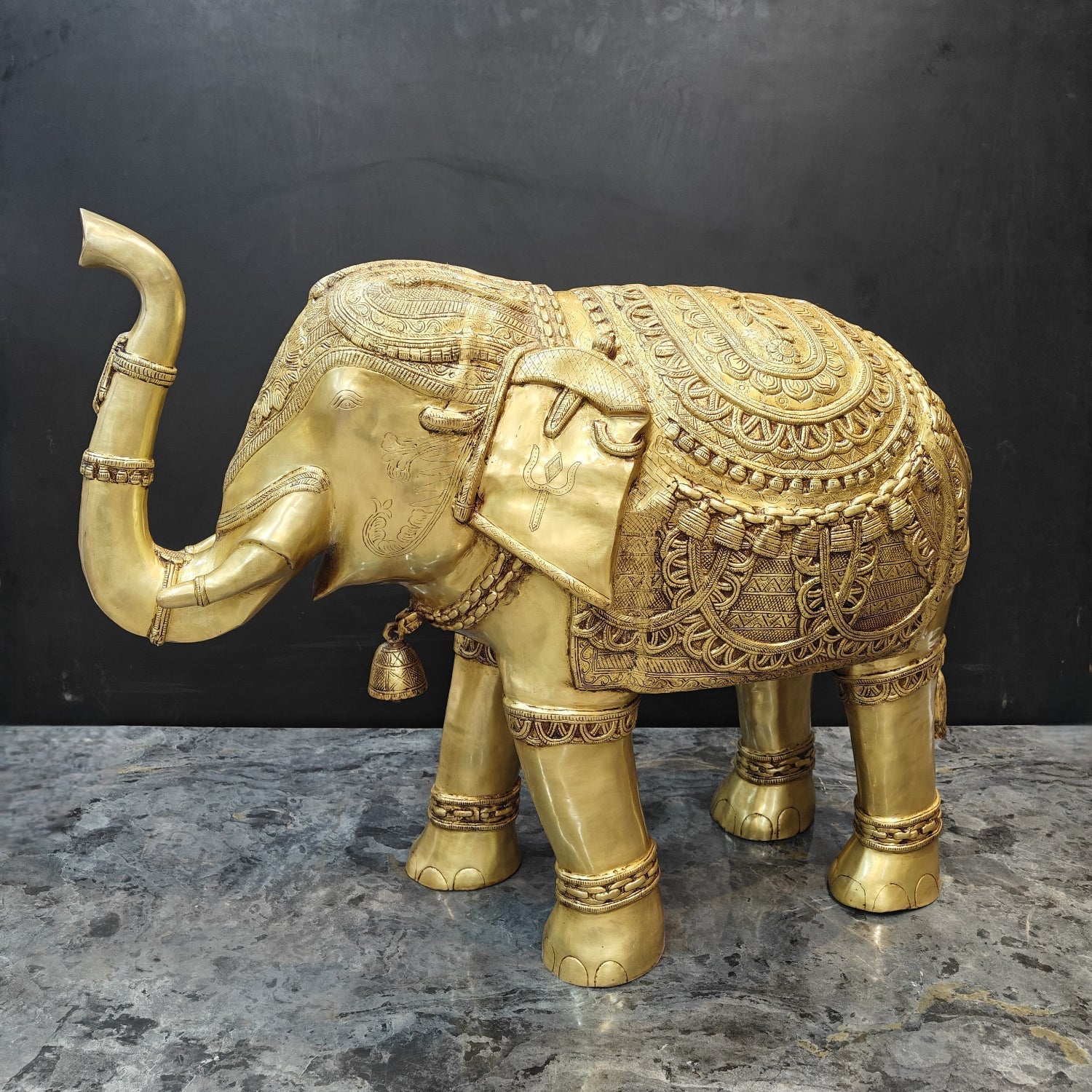 Brass Large Engraved Elephant Statue Figurine Showpiece 3.5 Feet - Eco-friendly - Sama Homes
