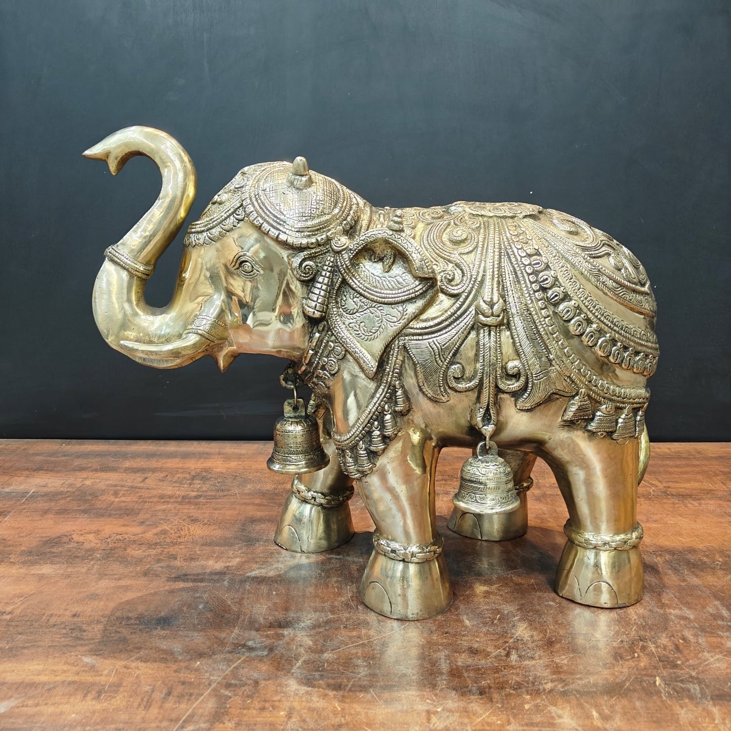 Brass Large Engraved Elephant Statue With Bells Figurine 22 Inch