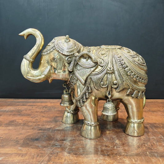 Brass Large Engraved Elephant Statue With Bells Figurine 22 Inch