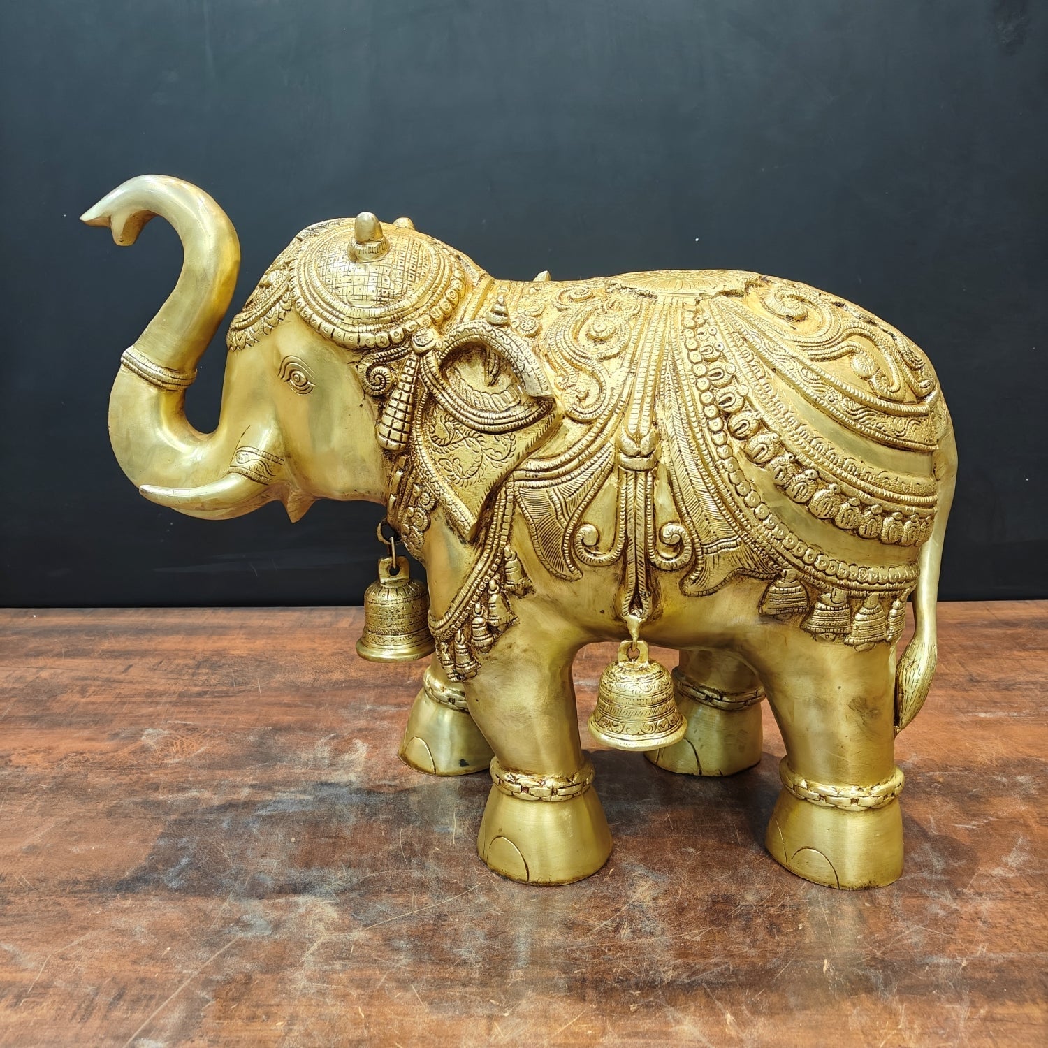 Brass Large Engraved Elephant Statue With Bells Figurine Golden Finish 22 Inch - Eco-friendly - Sama Homes