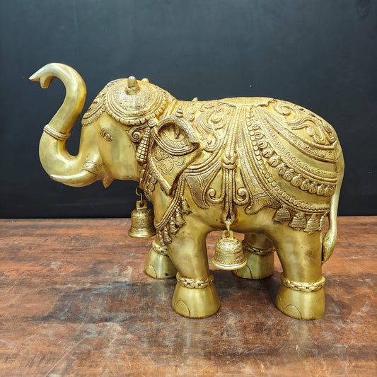 Brass Large Engraved Elephant Statue With Bells Figurine Golden Finish 22 Inch