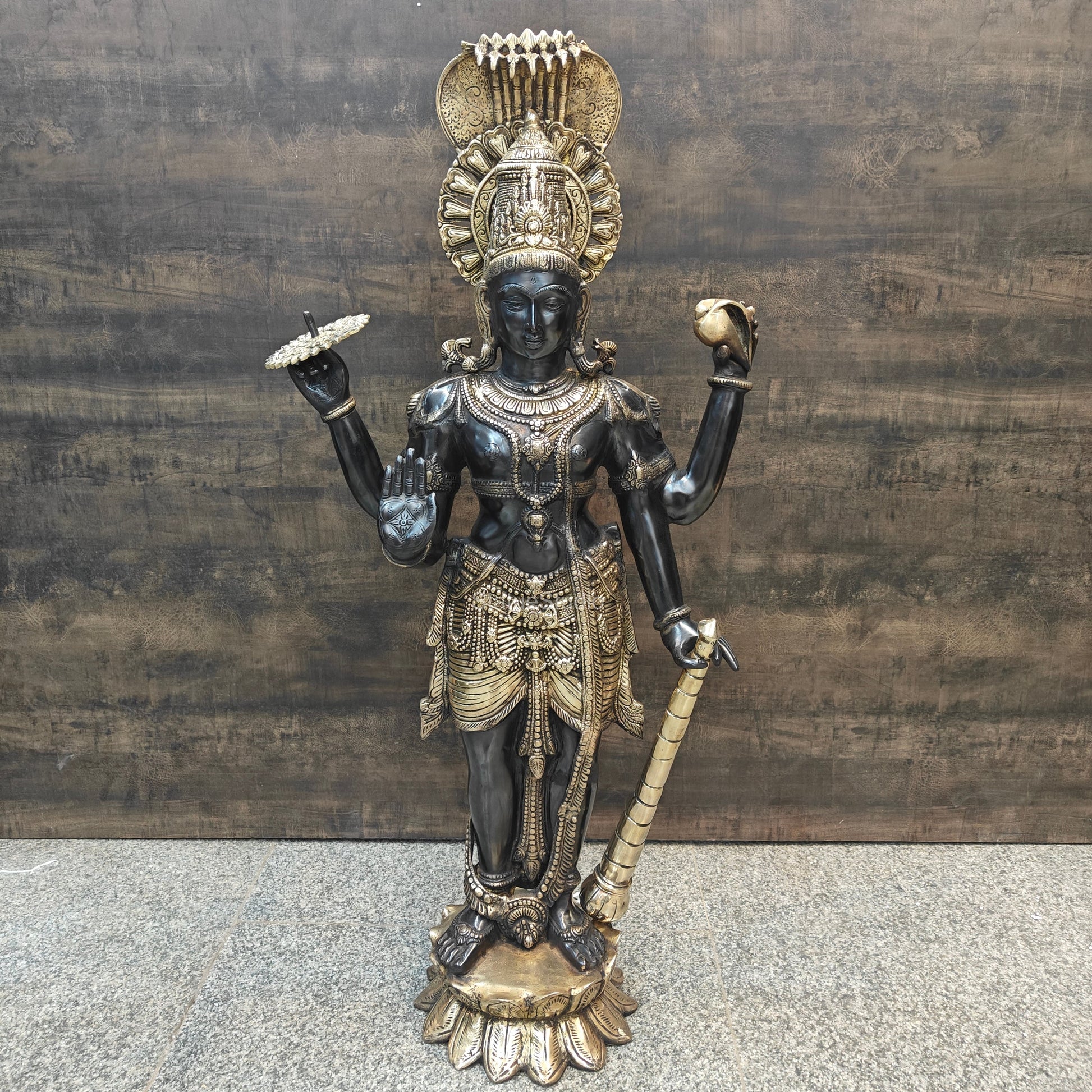 Brass Large Exclusive Standing Vishnu Statue Antique Finish 41 Inches - Eco-friendly - Sama Homes