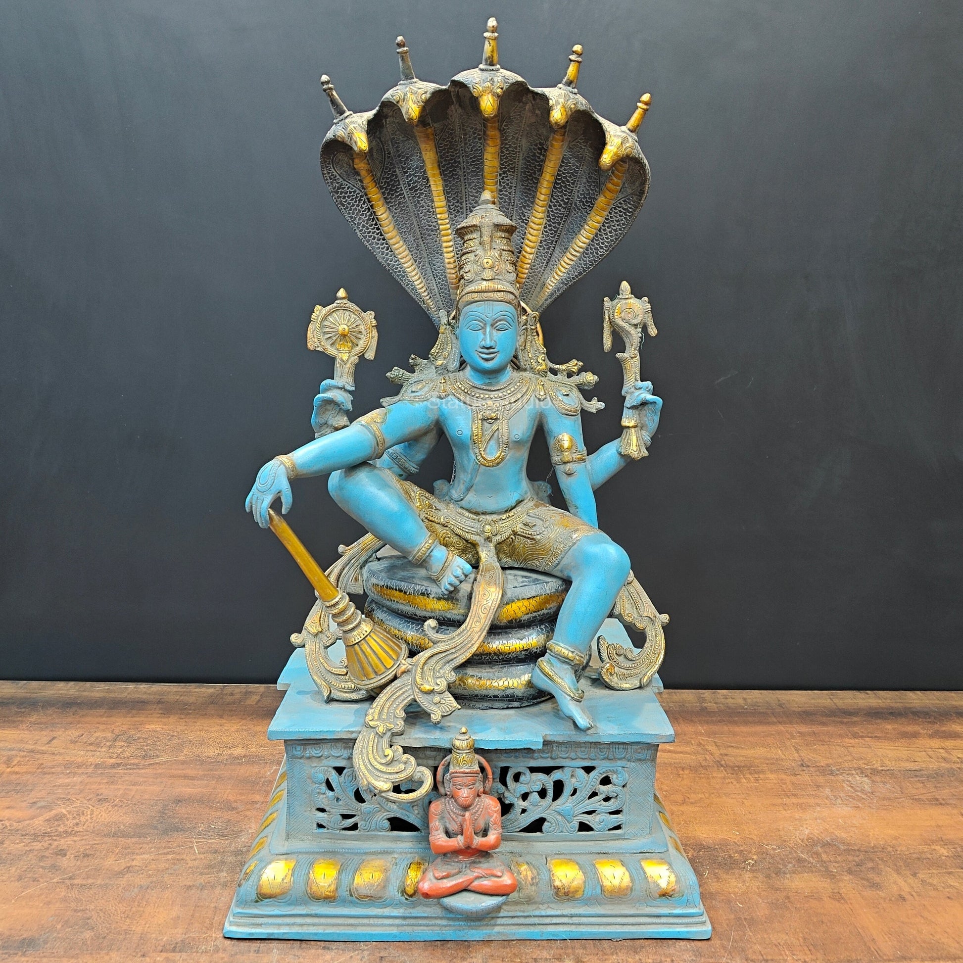 Brass Large Exclusive Vishnu Idol Seated on Sheshnaag Antique Finish 2.5 Feet - Eco-friendly - Sama Homes