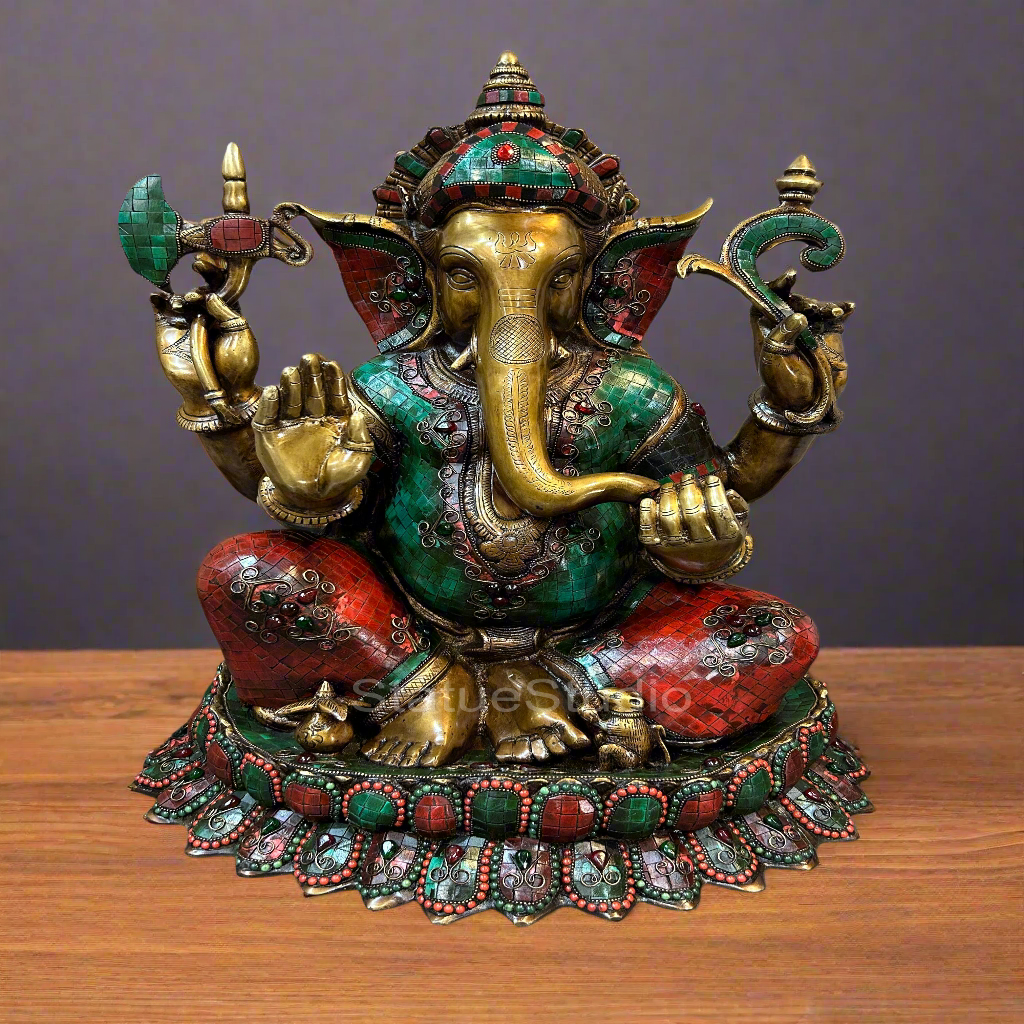 Brass Large Ganesha Idol Sitting On Lotus Base Antique Stone Work For Home Decor 2 Feet