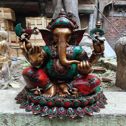 Brass Large Ganesha Idol Sitting On Lotus Base Antique Stone Work For Home Decor 2 Feet by vendor-unknown - Hindu Gods (View 2)