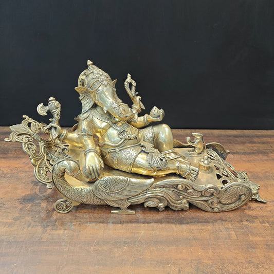 Brass Large Ganesha Idol Sitting on Peacock Throne 32 Inches