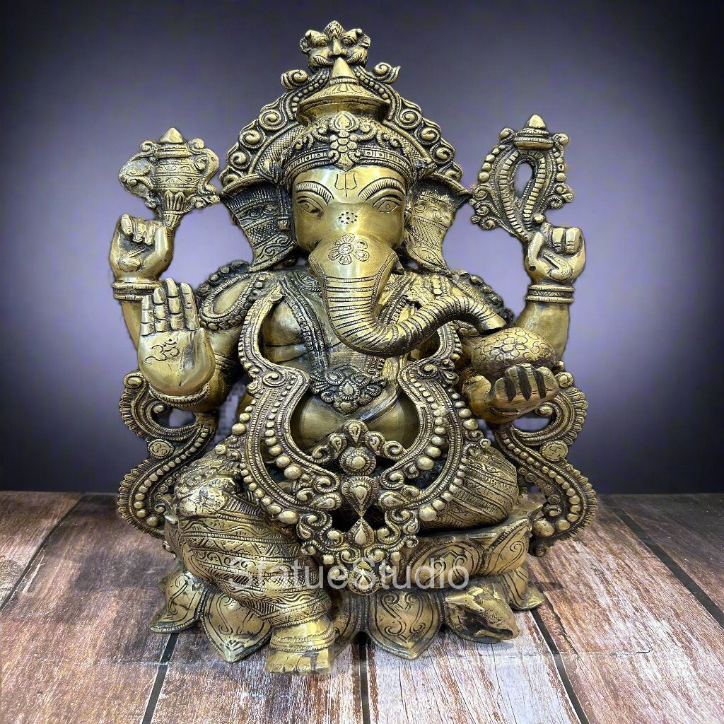 Brass Large Ganesha Idol With Jewellery On Lotus Base For Home Decor 2 Feet - Eco-friendly - Sama Homes
