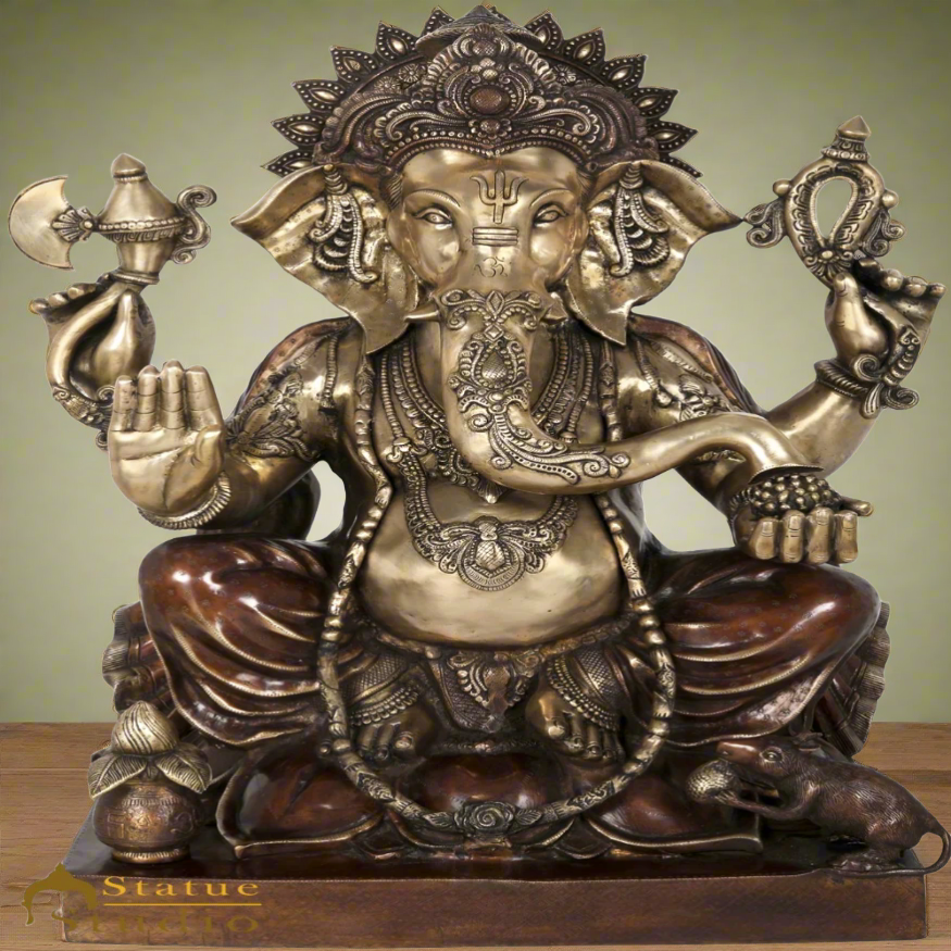 Brass Large Ganesha Statue Sitting On Lotus For Home Office Decor 2.5 Feet