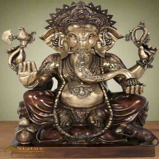 Brass Large Ganesha Statue Sitting On Lotus For Home Office Decor 2.5 Feet