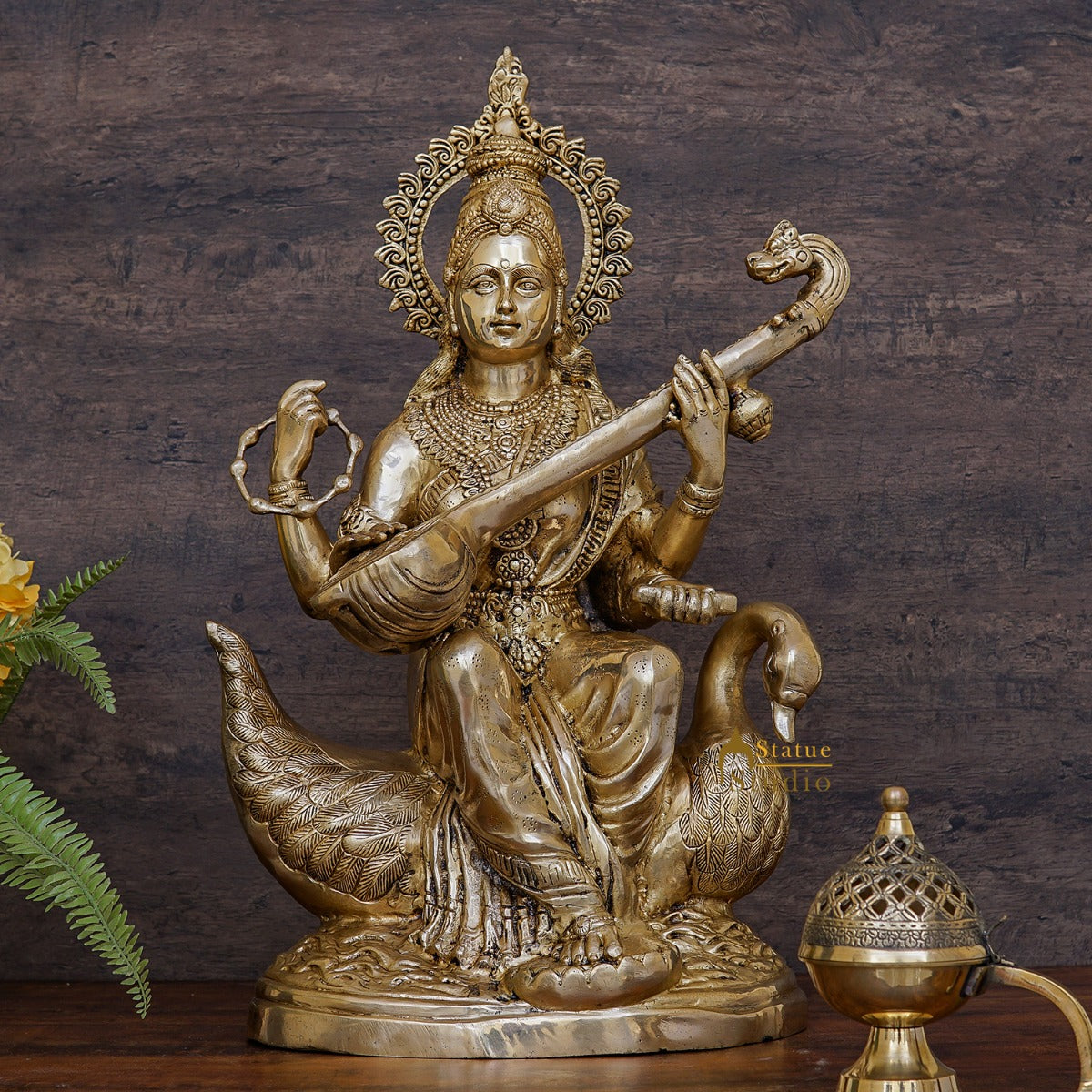Brass Large Goddess Of Knowledge Maa Saraswati Idol On Swan Playing Veena 28 Inch - Eco-friendly - Sama Homes