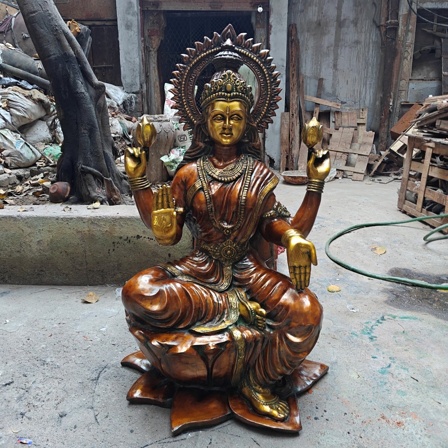 Brass Large Goddess Of Wealth Lakshmi Idol Orange Patina Finish 4.5 Feet