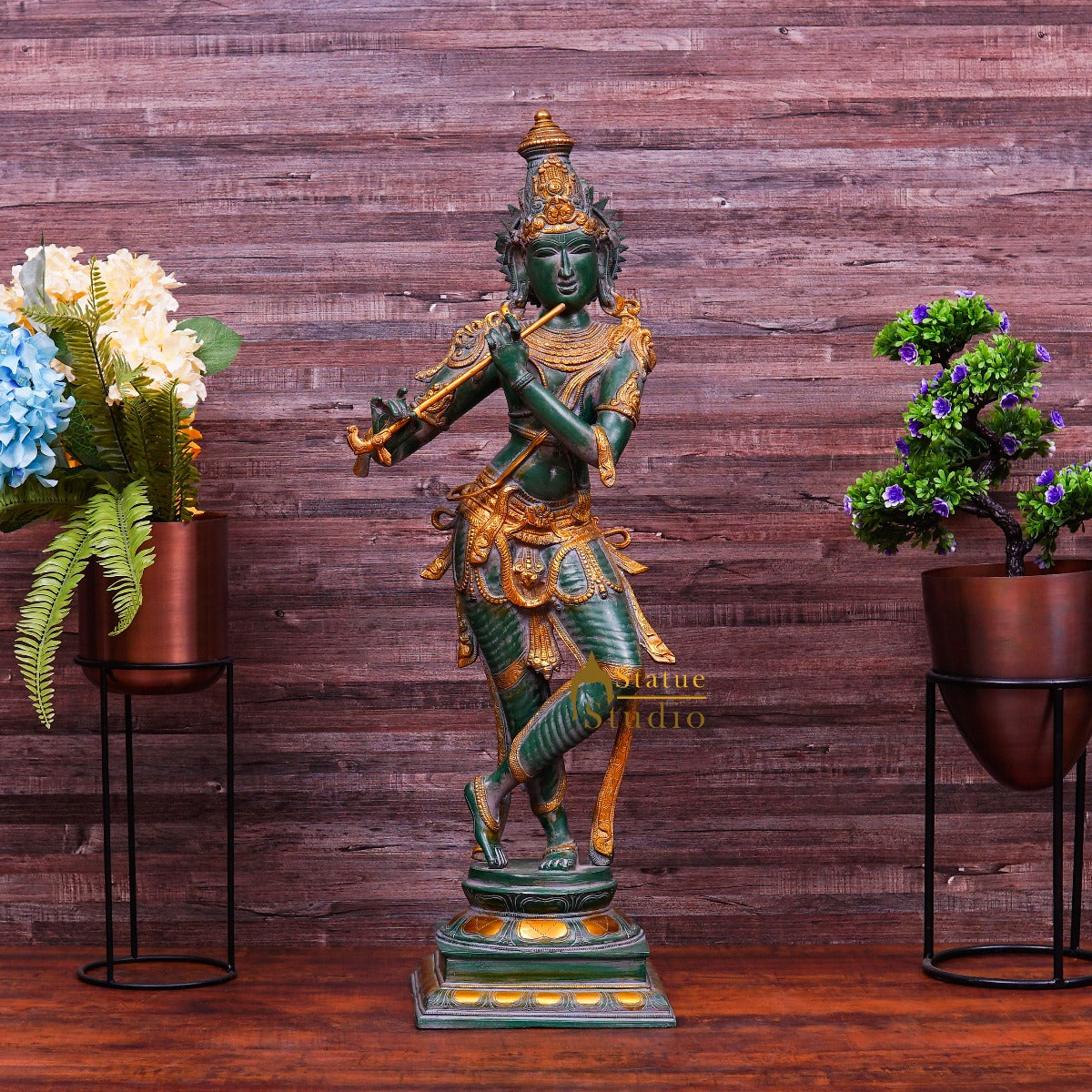 Brass Large Krishna Idol Antique Finish For Home Office Decor 3 Feet - Eco-friendly - Sama Homes