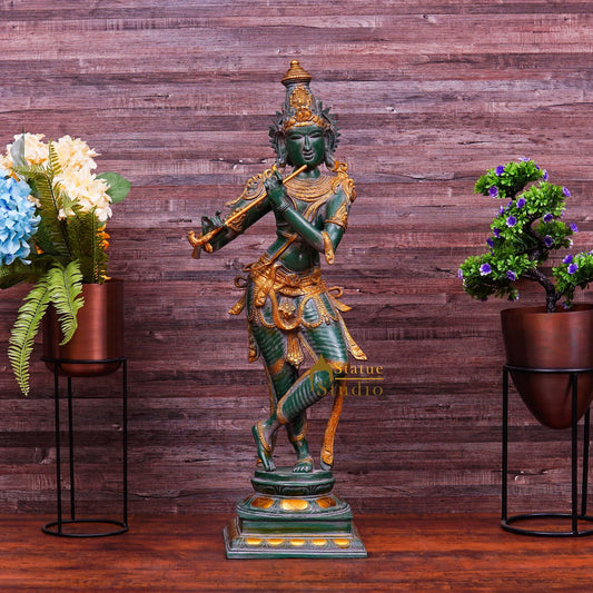 Brass Large Krishna Idol Antique Finish For Home Office Decor 3 Feet