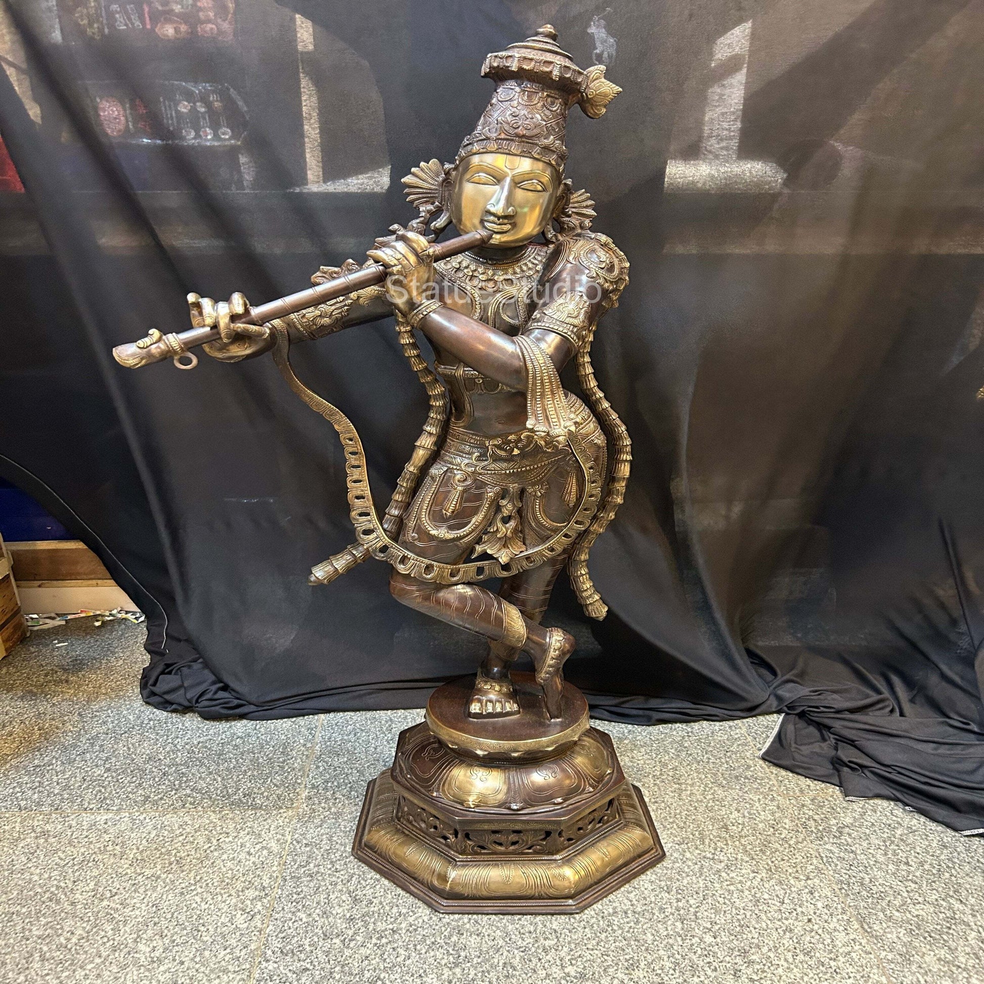 Brass Large Krishna Idol Antique Finish For Home Office Garden Decor Statue 2.5 Feet - Image 3