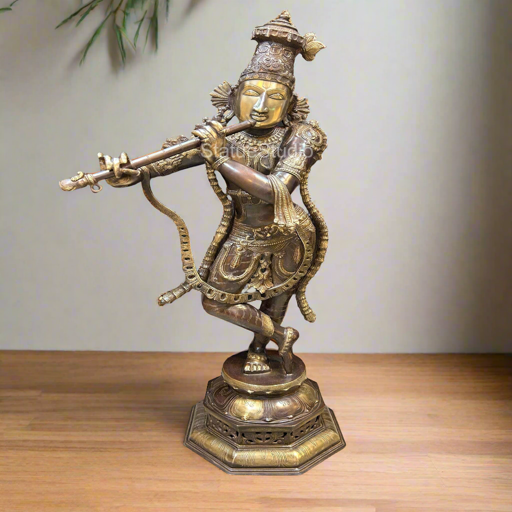 Brass Large Krishna Idol Antique Finish For Home Office Garden Decor Statue 2.5 Feet