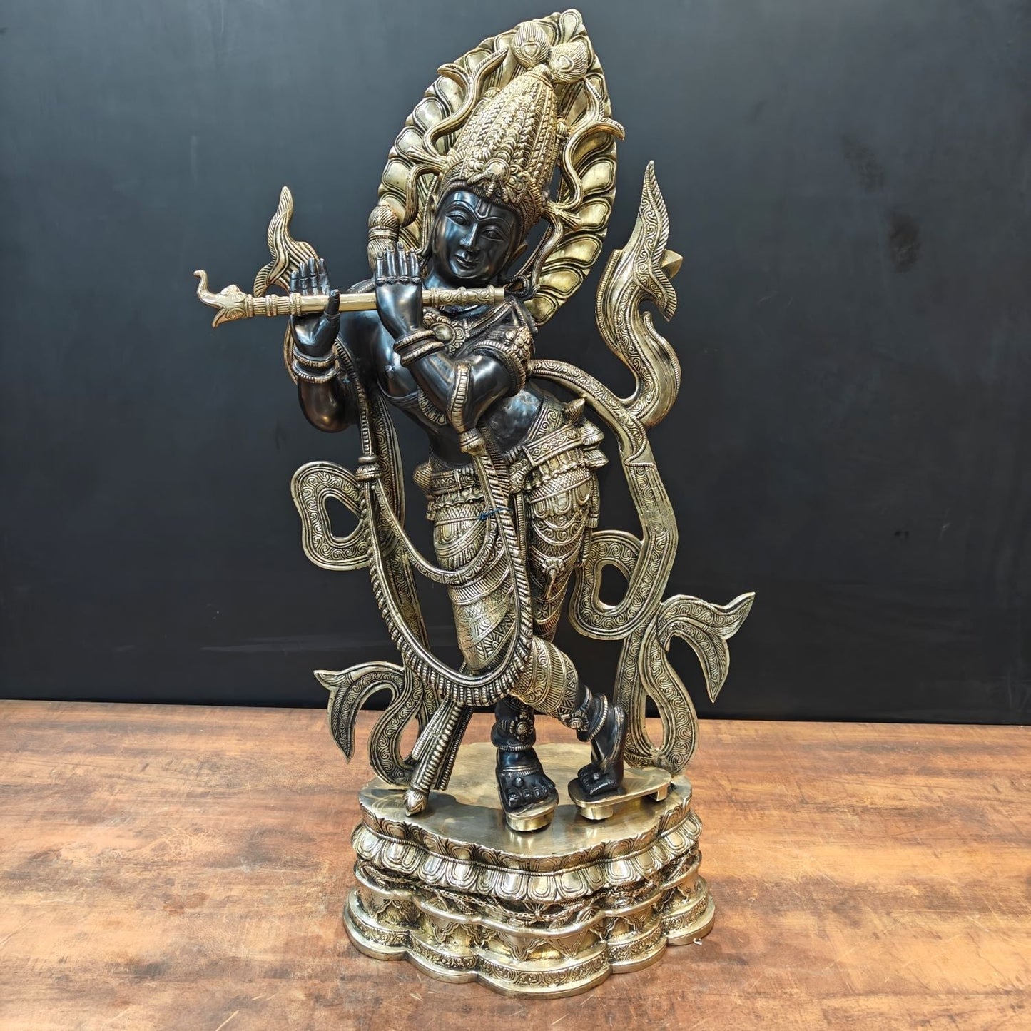 Brass Large Krishna Idol Antique Finish for Home Decor 3 Feet