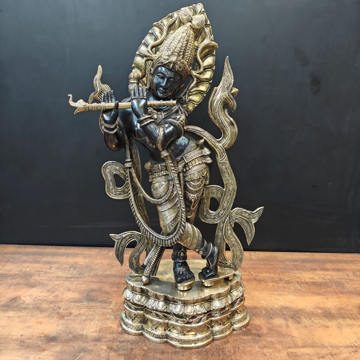 Brass Large Krishna Idol Antique Finish for Home Decor 3 Feet - Eco-friendly - Sama Homes