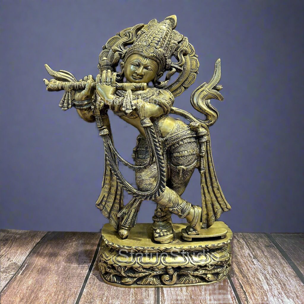 Brass Large Krishna Idol Antique Finish for Home Office Decor 2 Feet