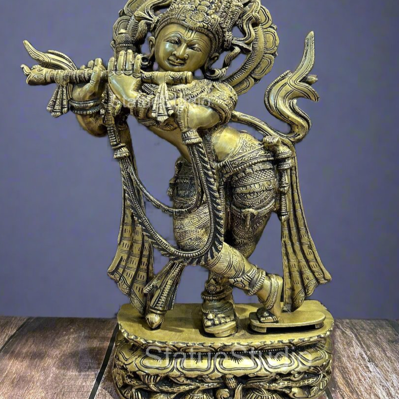 Brass Large Krishna Idol Antique Finish for Home Office Decor 2 Feet