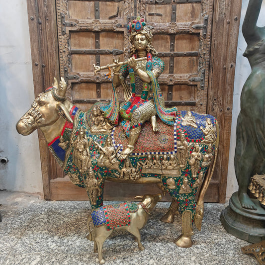 Brass Large Krishna Idol Seated On Cow Stone Work 43 Inches