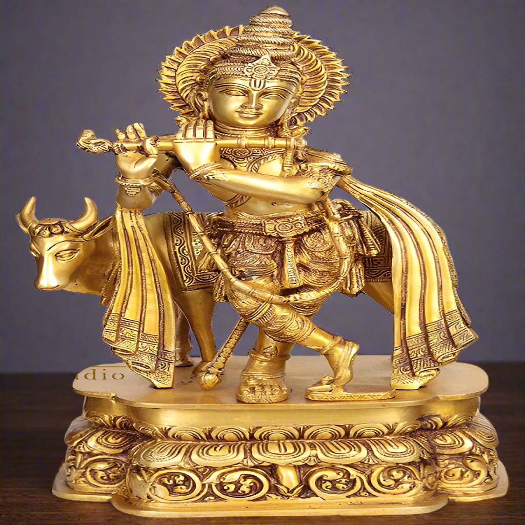 Brass Large Krishna Idol With Cow 20 Inches