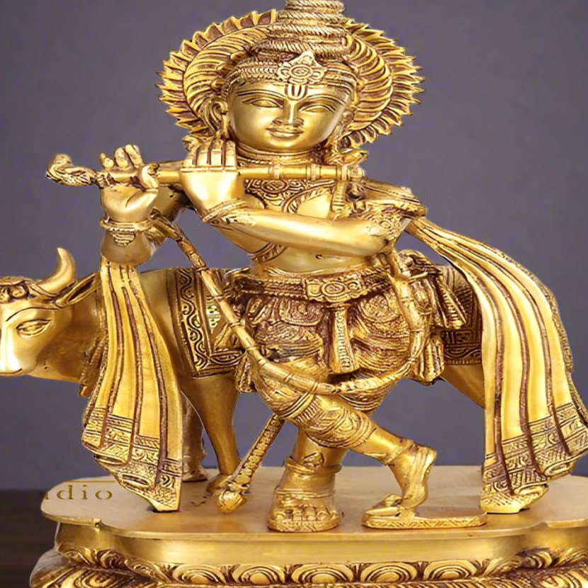 Brass Large Krishna Idol With Cow 20 Inches - Image 2