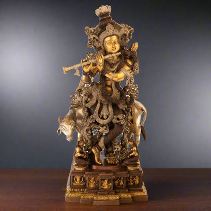 Brass Large Krishna Idol With Cow For Home Office Decor 28 Inch by vendor-unknown - Hindu Gods