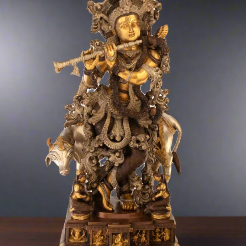 Brass Large Krishna Idol With Cow For Home Office Decor 28 Inch