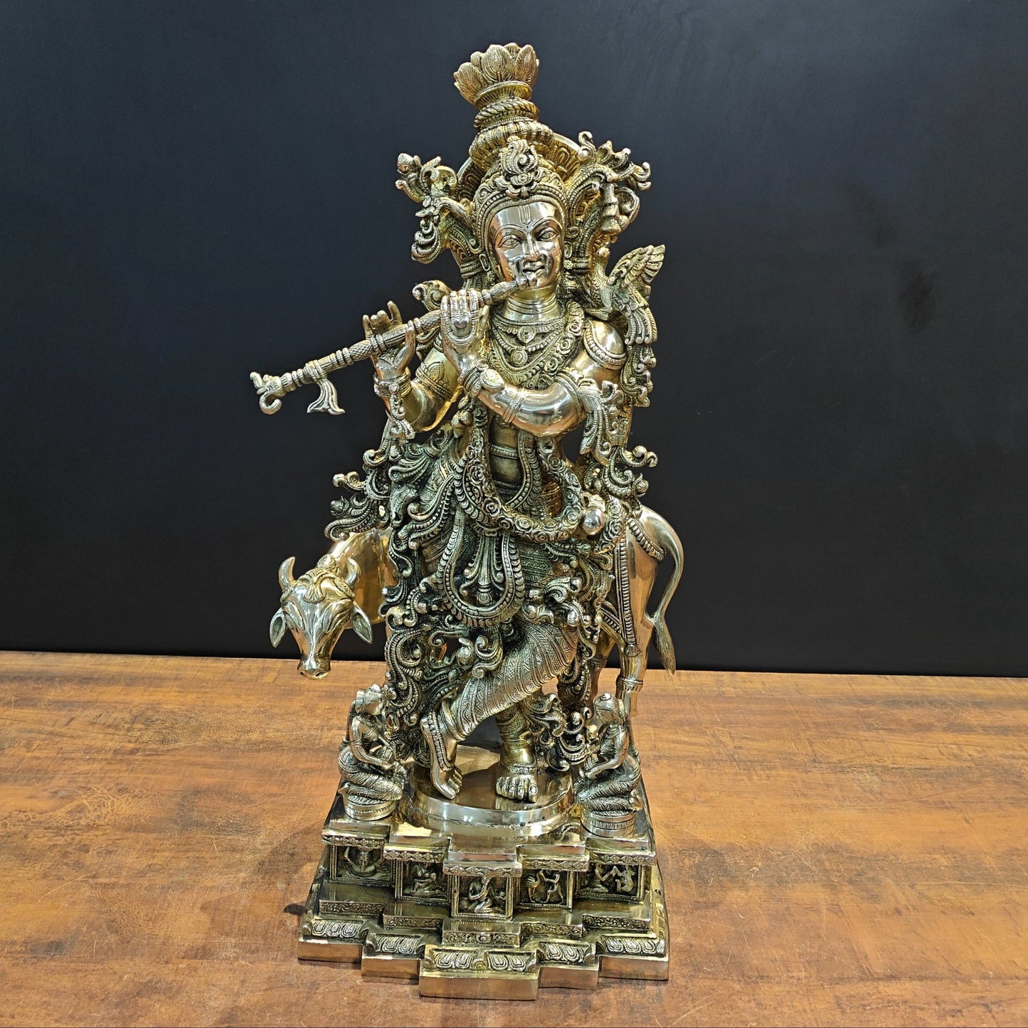 Brass Large Krishna Idol With Cow On Pedestal 28 Inches