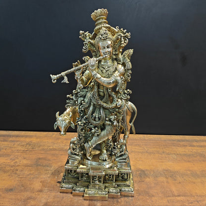 Brass Large Krishna Idol With Cow On Pedestal 28 Inches by vendor-unknown - Hindu Gods (View 3)