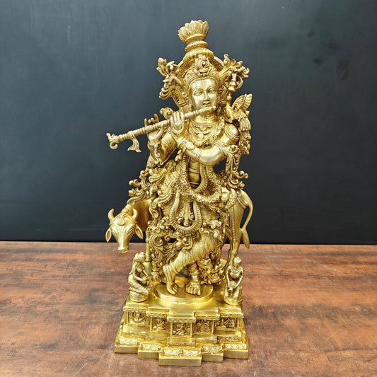 Brass Large Krishna Idol With Cow On Pedestal Gold Finish 28 Inch