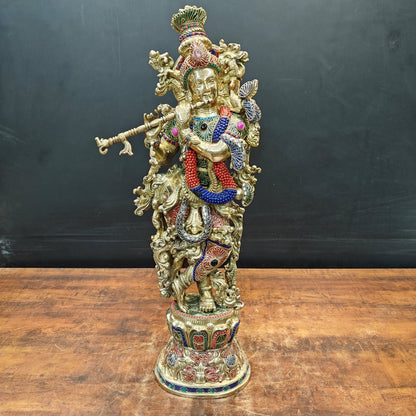 Brass Large Krishna Idol With Stone Work 30 Inches by vendor-unknown - Hindu Gods