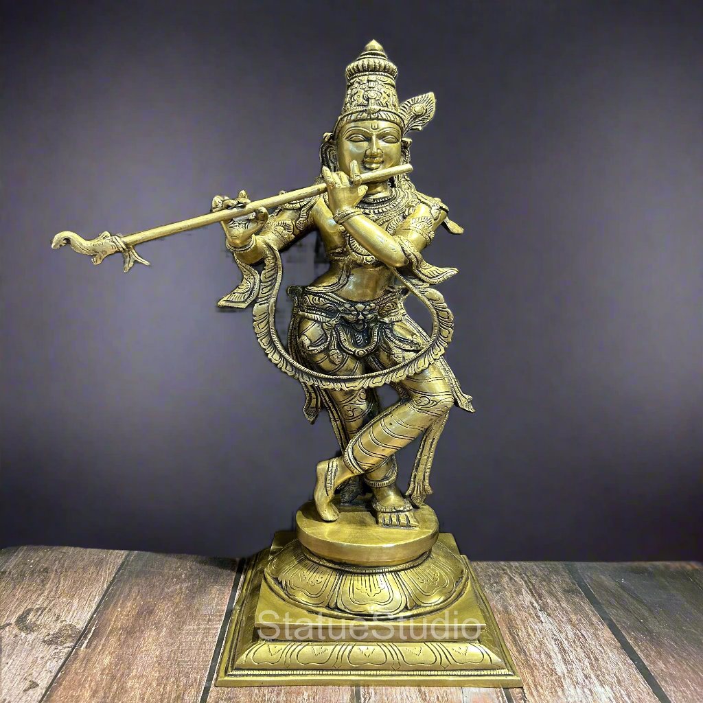 Brass Large Krishna Statue Antique Finish for Home Temple Decor 28" - Eco-friendly - Sama Homes