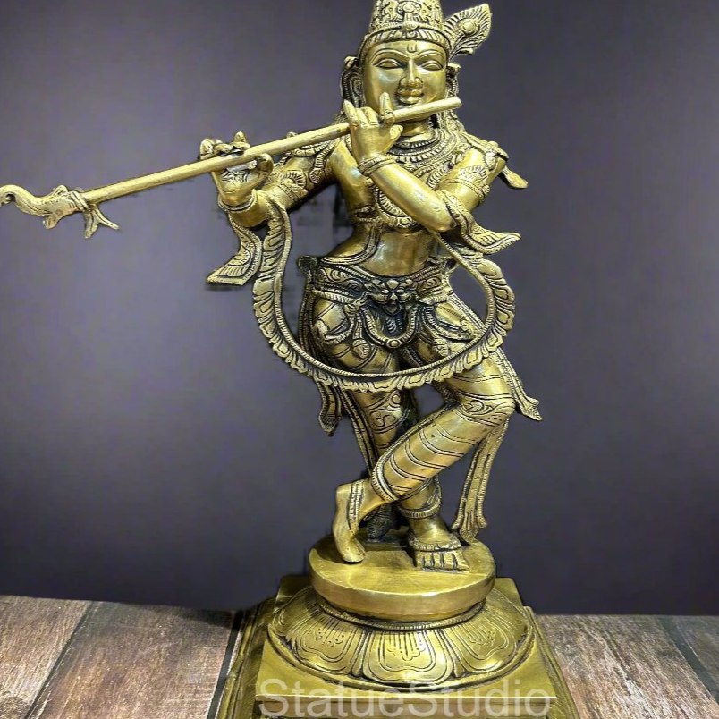Brass Large Krishna Statue Antique Finish for Home Temple Decor 28"