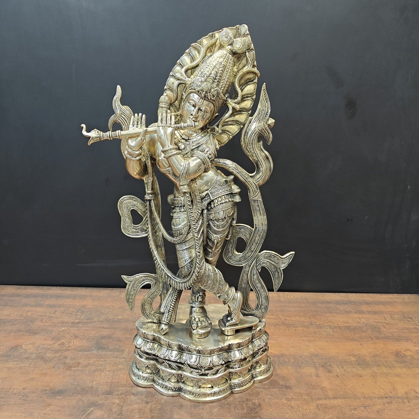 Brass Large Krishna Statue Playing Flute On Pedestal 3 Feet