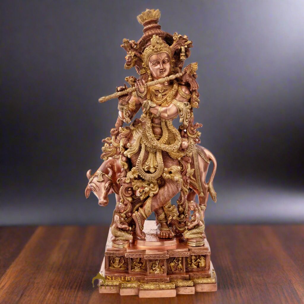 Brass Large Krishna Statue With Cow For Home Office Garden Decor 28 Inch - Eco-friendly - Sama Homes