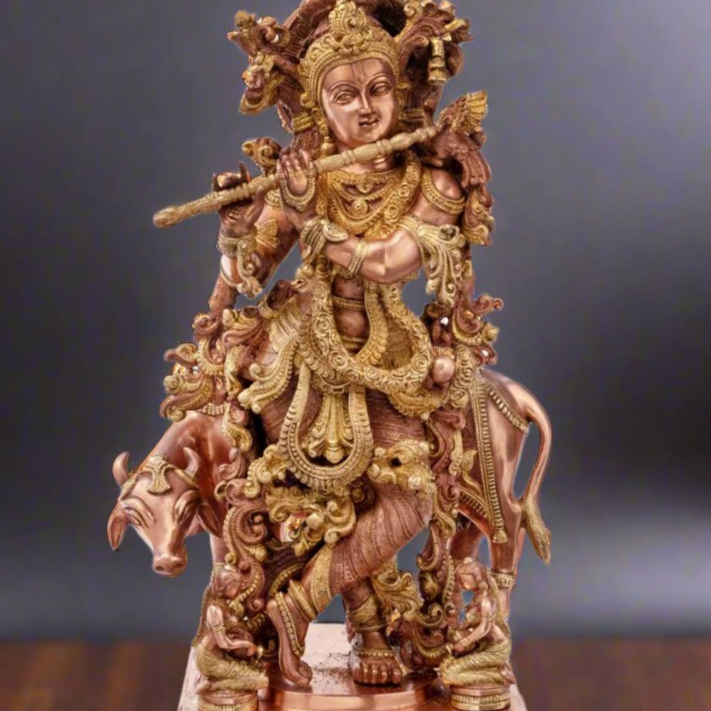 Brass Large Krishna Statue With Cow For Home Office Garden Decor 28 Inch - Image 2
