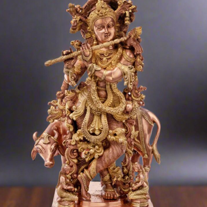 Brass Large Krishna Statue With Cow For Home Office Garden Decor 28 Inch by vendor-unknown - Hindu Gods (View 2)