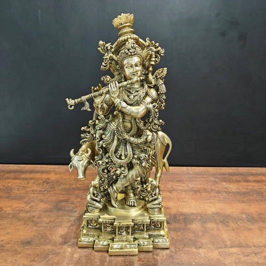 Brass Large Krishna Statue With Cow On Pedestal 28 Inch