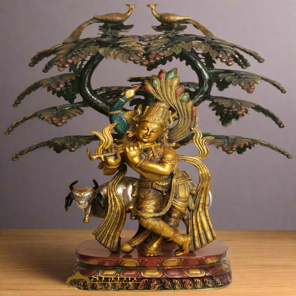 Brass Large Krishna Statue With Cow Under Tree 33 Inches