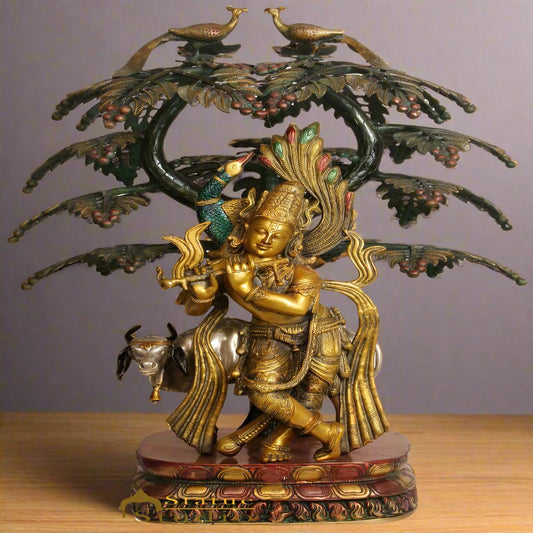 Brass Large Krishna Statue With Cow Under Tree 33 Inches