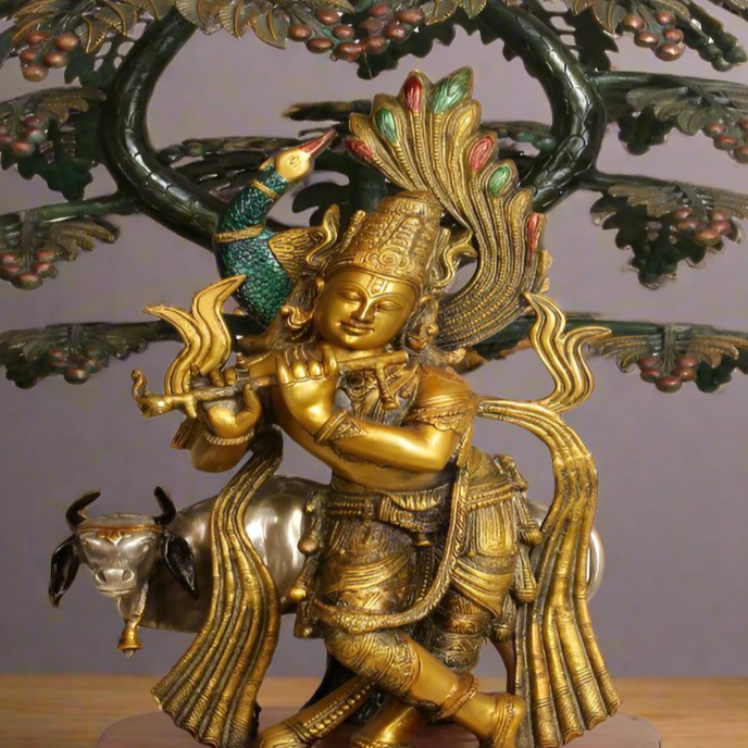 Brass Large Krishna Statue With Cow Under Tree 33 Inches
