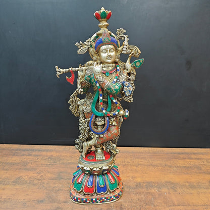 Brass Large Krishna Statue With Stone Work 3 Feet by vendor-unknown - Hindu Gods