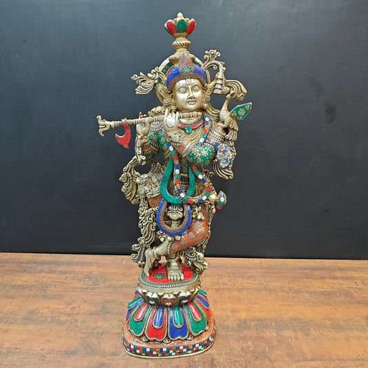 Brass Large Krishna Statue With Stone Work 3 Feet