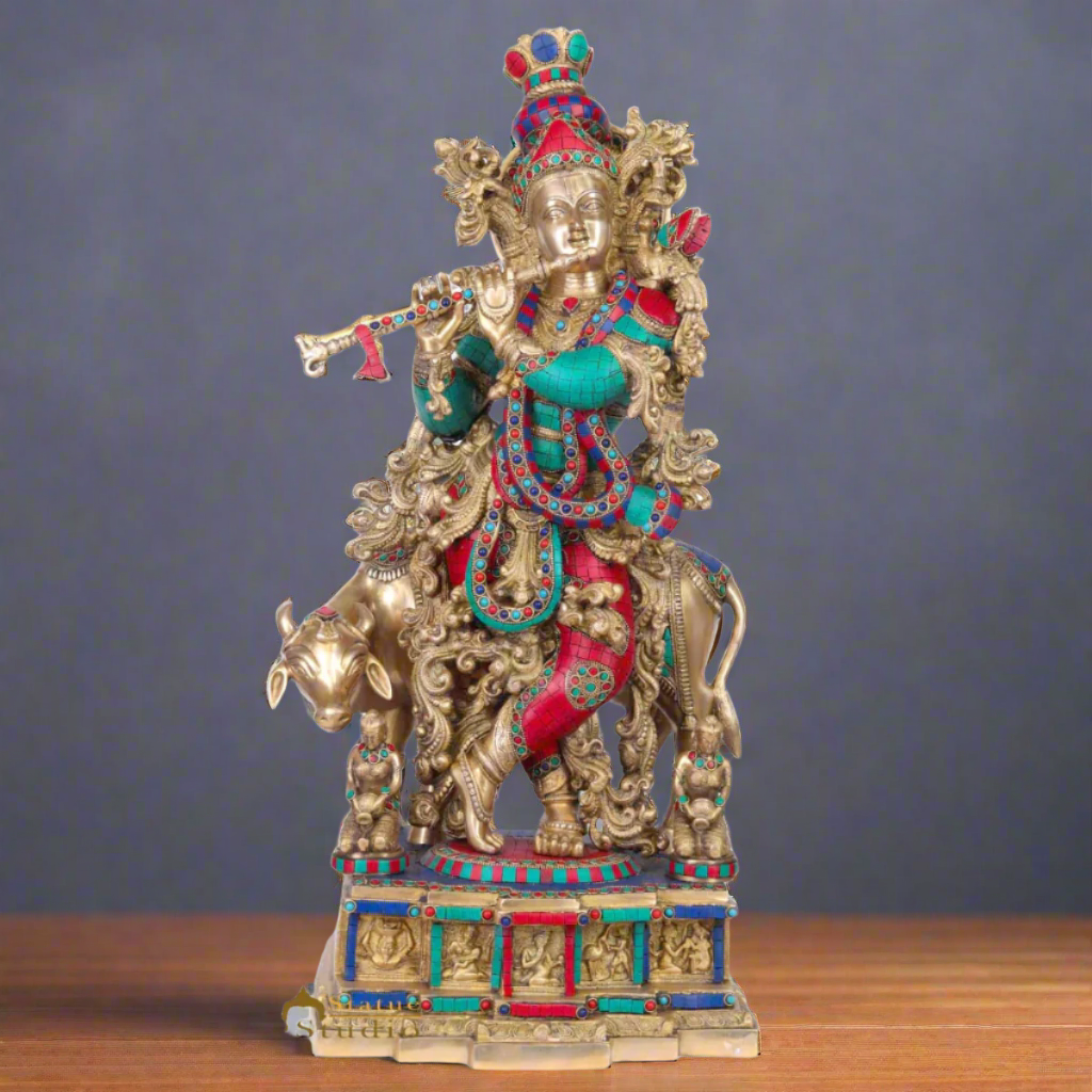 Brass Large Krishna With Cow Idol Home Office Garden Décor Gift Statue 28"
