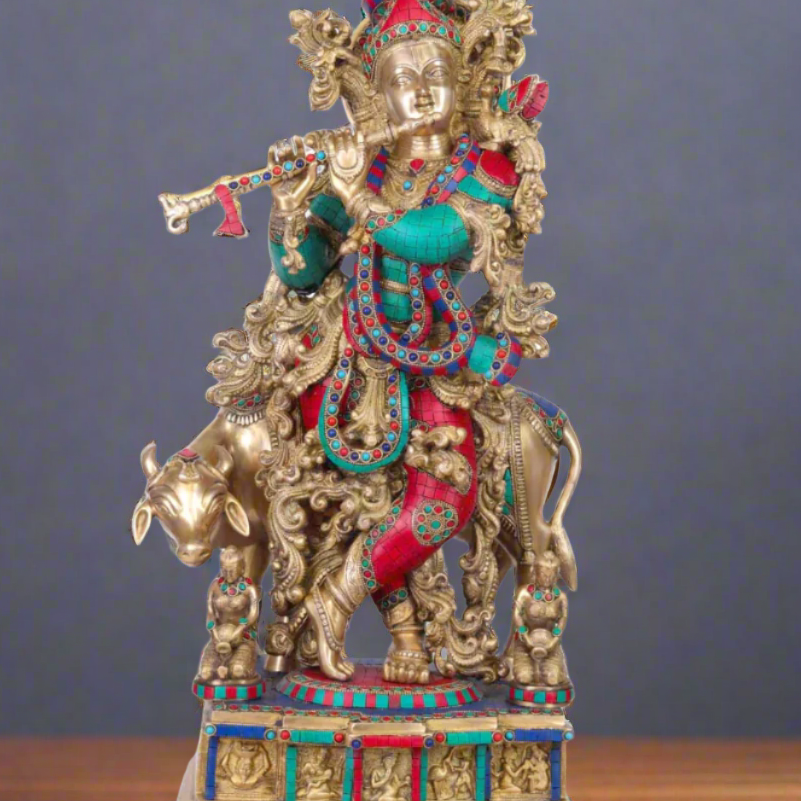 Brass Large Krishna With Cow Idol Home Office Garden Décor Gift Statue 28" - Image 2