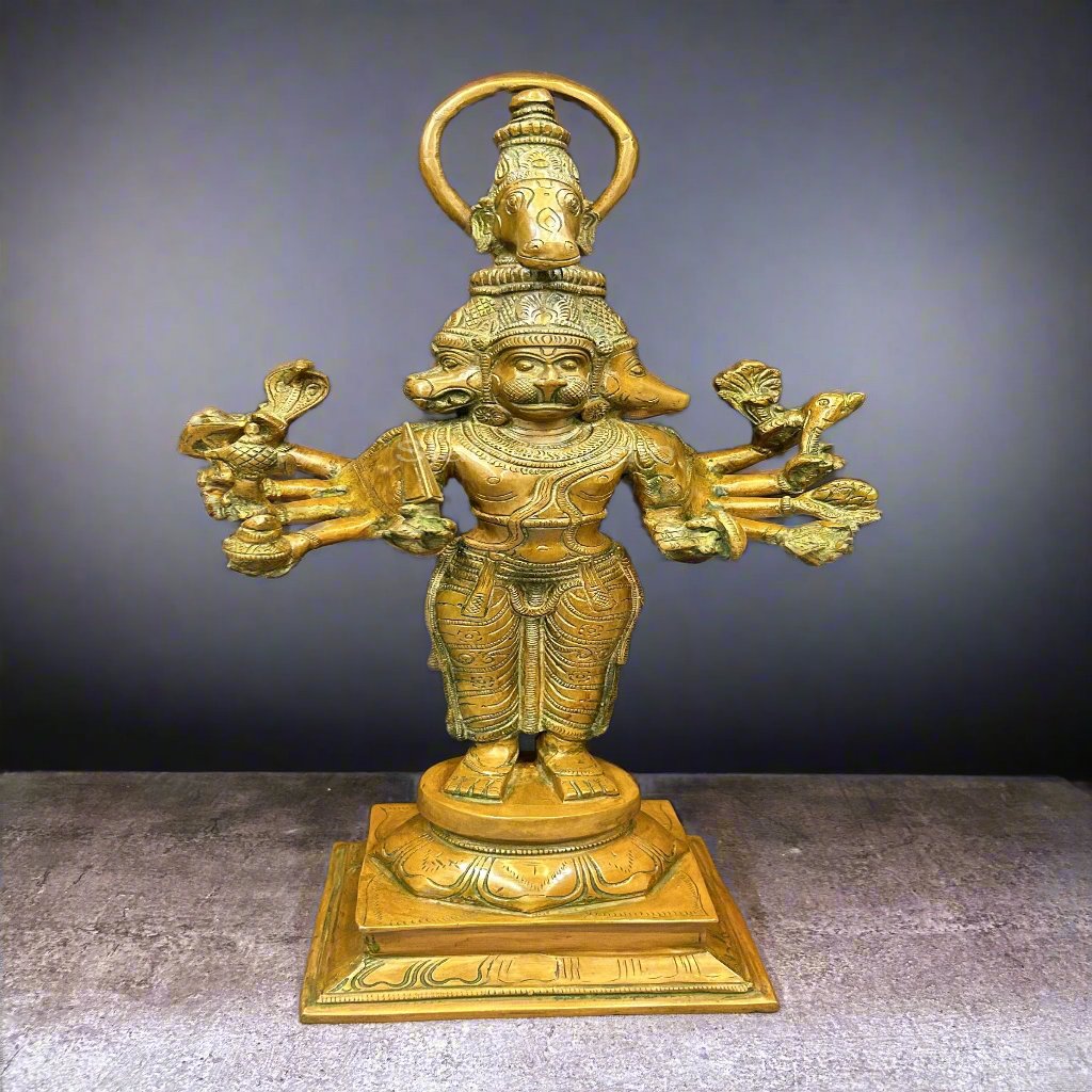 Brass Large Lord Panchmukhi Hanuman Statue Copper Patina Finish For Home Decor 2 Feet