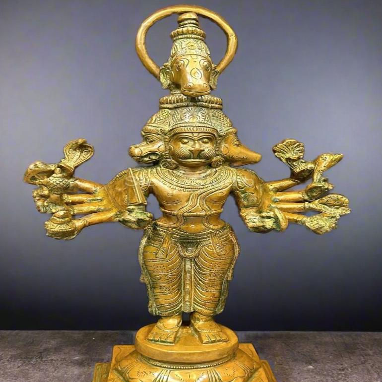 Brass Large Lord Panchmukhi Hanuman Statue Copper Patina Finish For Home Decor 2 Feet - Image 2