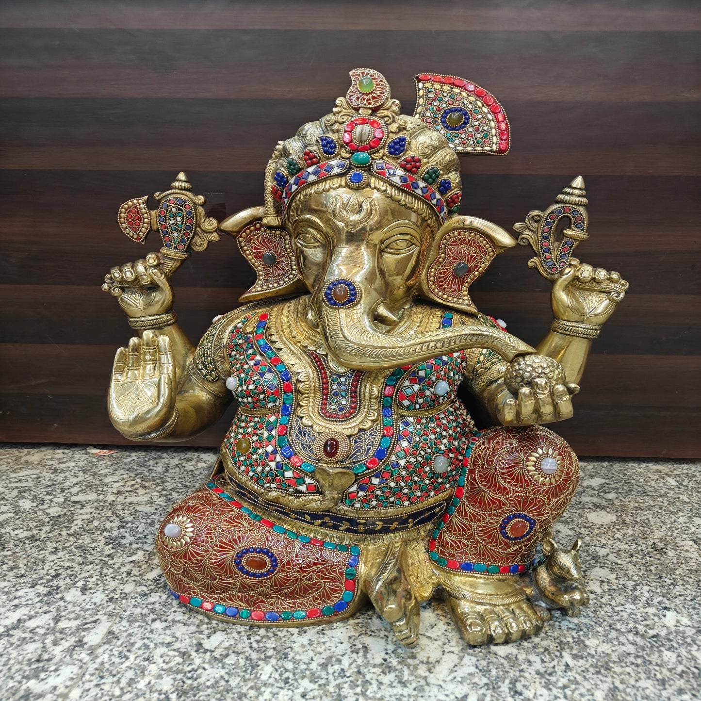 Brass Large Majestic Ganesha Sculpture With Stone Work 20 Inches